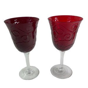 Ruby Red Clear Stemmed Wine Glass Goblets Embossed Raised Swirl Pattern